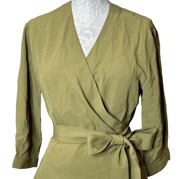 Everlane Japanese GoWeave Long Sleeve Mini Wrap Dress Olive Green Women's 4 NWT - Picture 3 of 11